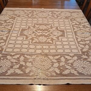 Vintage Tan & cream color 56" X 49.5" Lace Tablecloth- Crysanthemum Design
